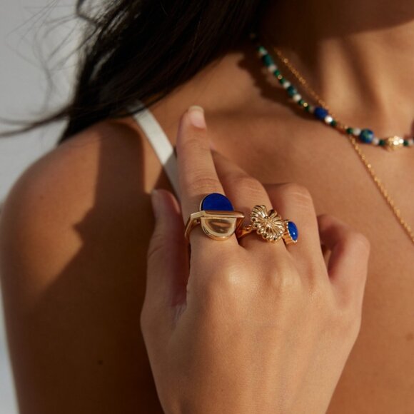 🌼 Artisan Original Daisy & Lapis Lazuli Bypass Ring | S925 Gold Adjustable - Picture 2 of 9